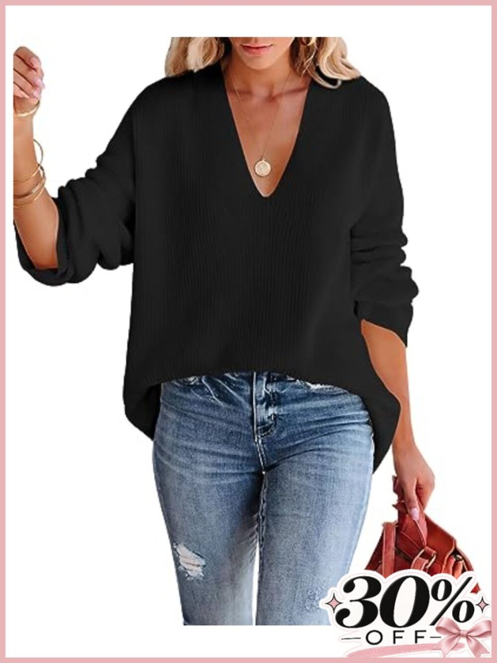 Oversized Deep V Neck Waffle Knit Long Sleeve Tunic Sweater